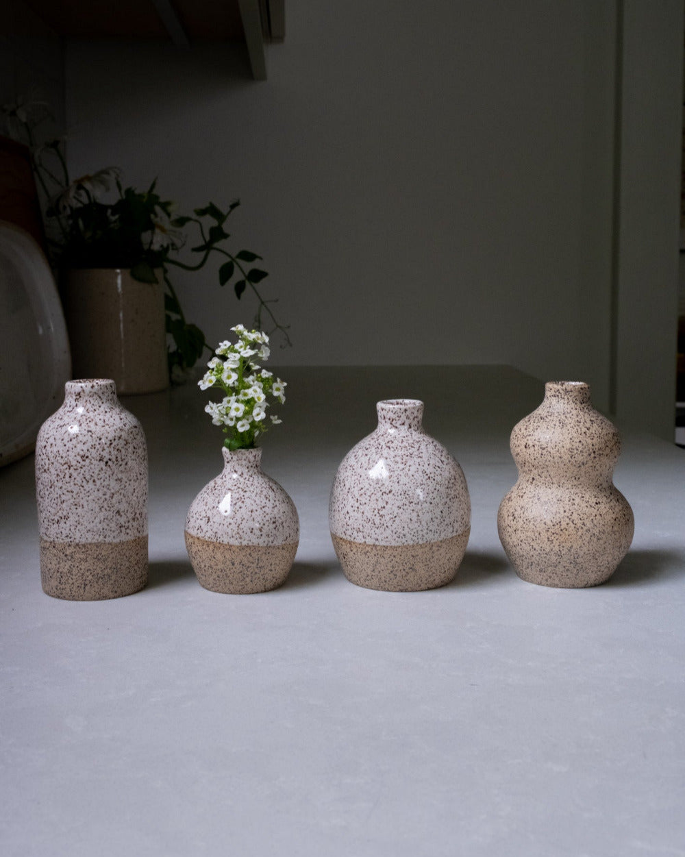 Set of four speckled ceramic vases on a neutral background
