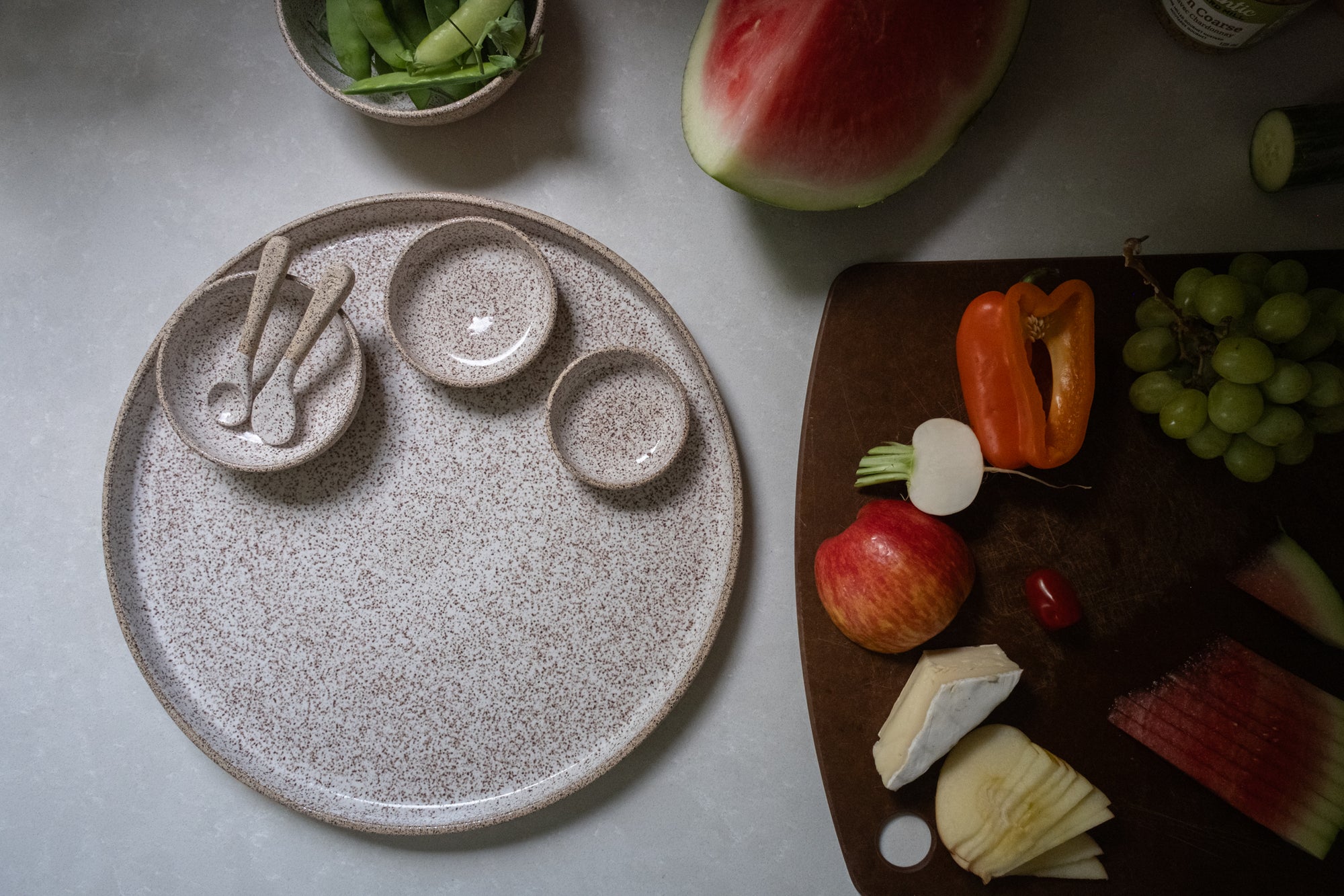 Handmade Charcuterie Set on counter with fruits and veggies 